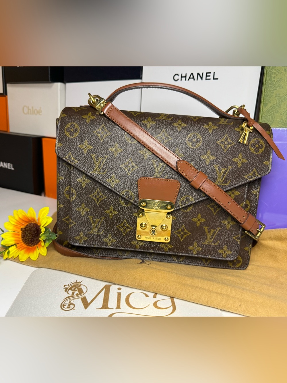 LOUIS VUITTON w/ COA Brown Monogram Medium Crossbody Satchel with Gold Hardware - Picture 4 of 17